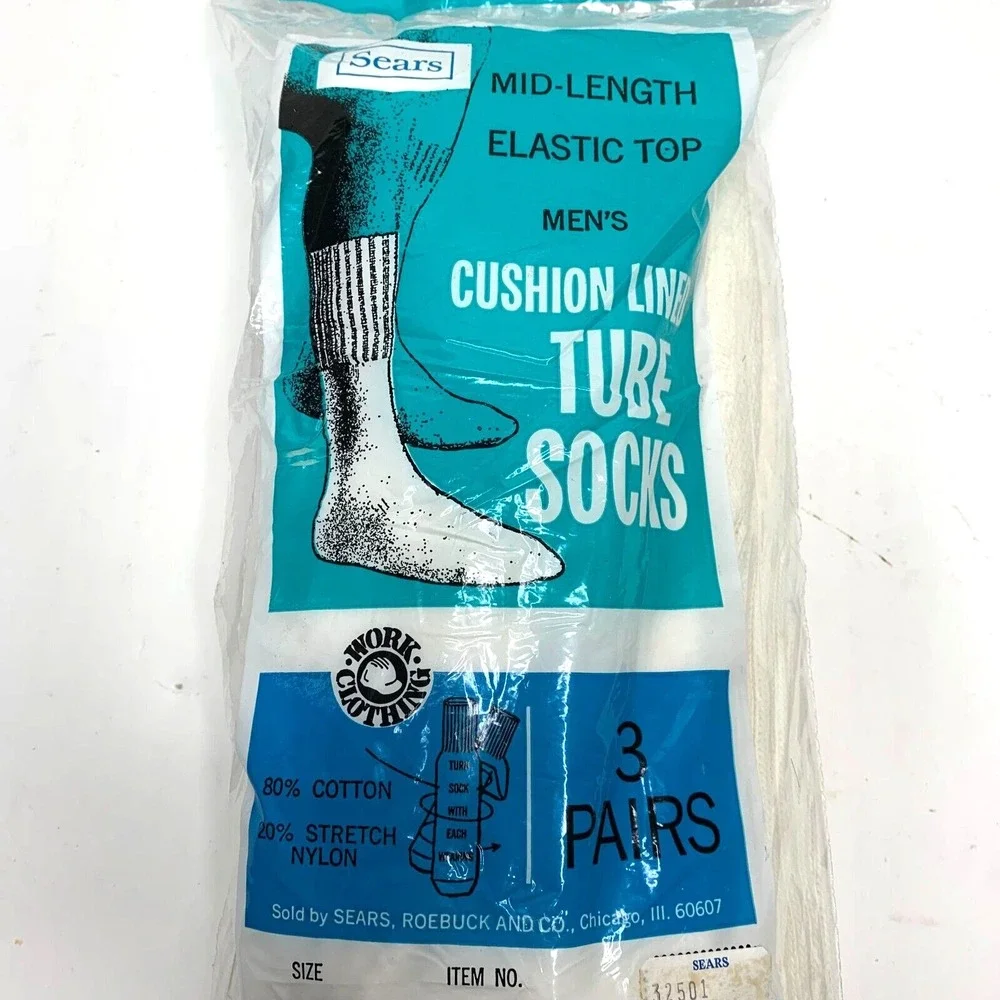 Vintage Sears Mid-Length Cushion Lined Tube Socks 3 Pack White 9.5 -14‎